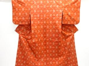 格子に絣柄織り出し手織り紬着物